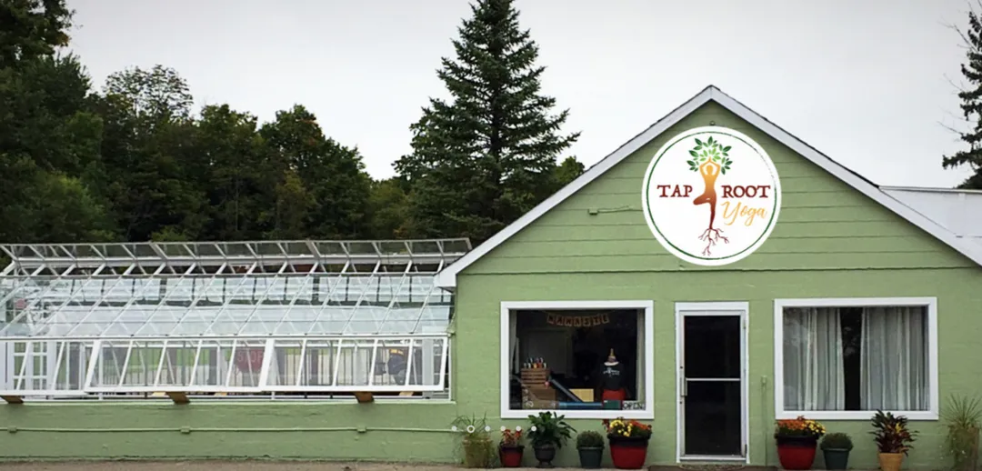 The sage-green Taproot Yoga building with its attached glass greenhouse, evergreens behind