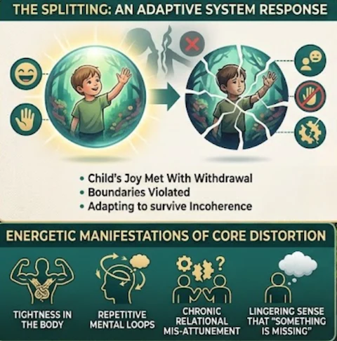 Infographic titled The Splitting, an adaptive system response: a child's bright inner sphere fractures after joy is met with withdrawal, boundaries are violated, and the child adapts to survive incoherence; below, four energetic manifestations of Core Distortion: tightness in the body, repetitive mental loops, chronic relational mis-attunement, and a lingering sense that something is missing