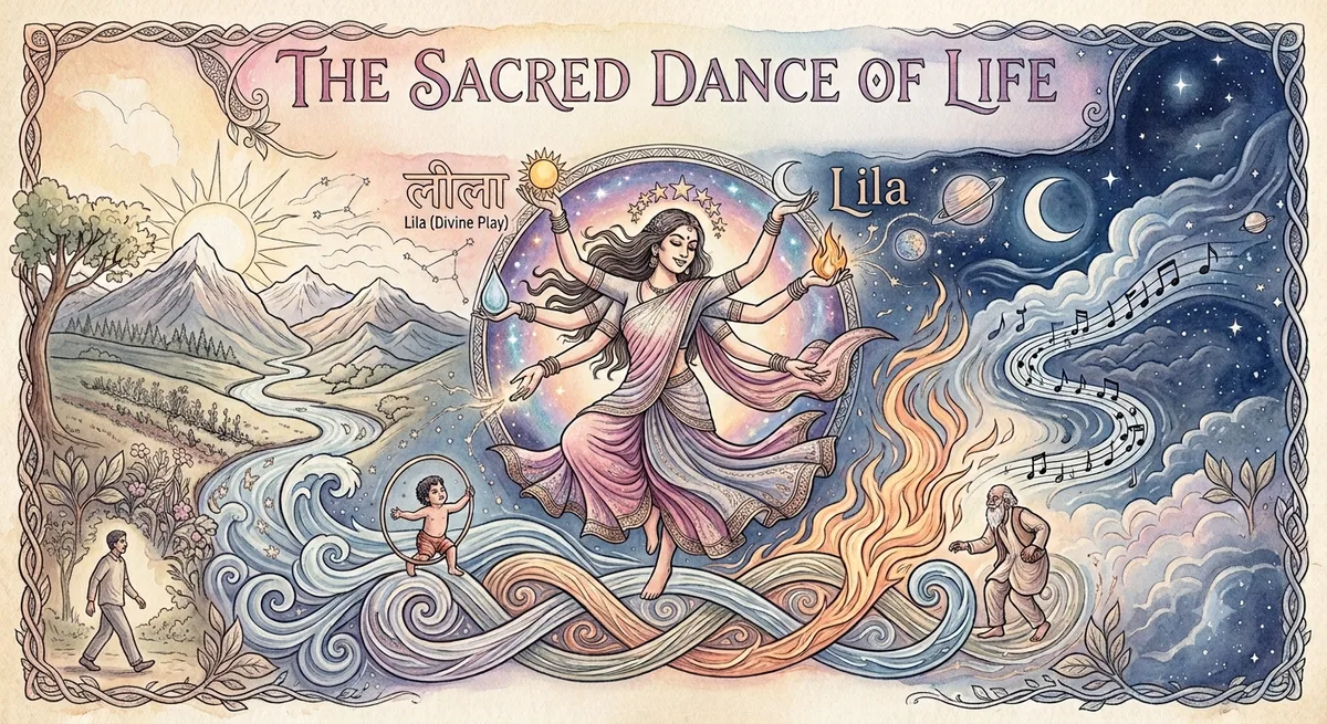 Watercolor illustration titled The Sacred Dance of Life: a many-armed dancer holding the sun, moon, water and flame moves along braided rivers, with a green sunlit valley on one side and a starry night sky on the other, labeled Lila, divine play